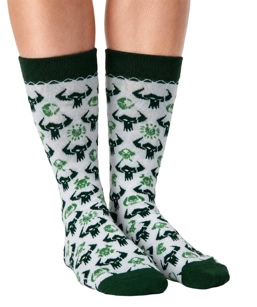 Warhammer 40,000 Orks patterned socks worn, front view