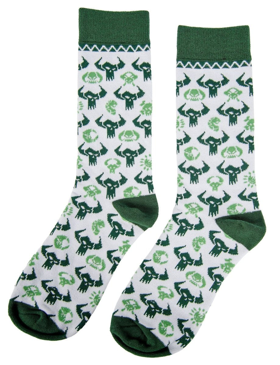 Warhammer 40,000 Orks patterned socks, white with an all-over green Ork glyph pattern and green cuffs, heels and toes