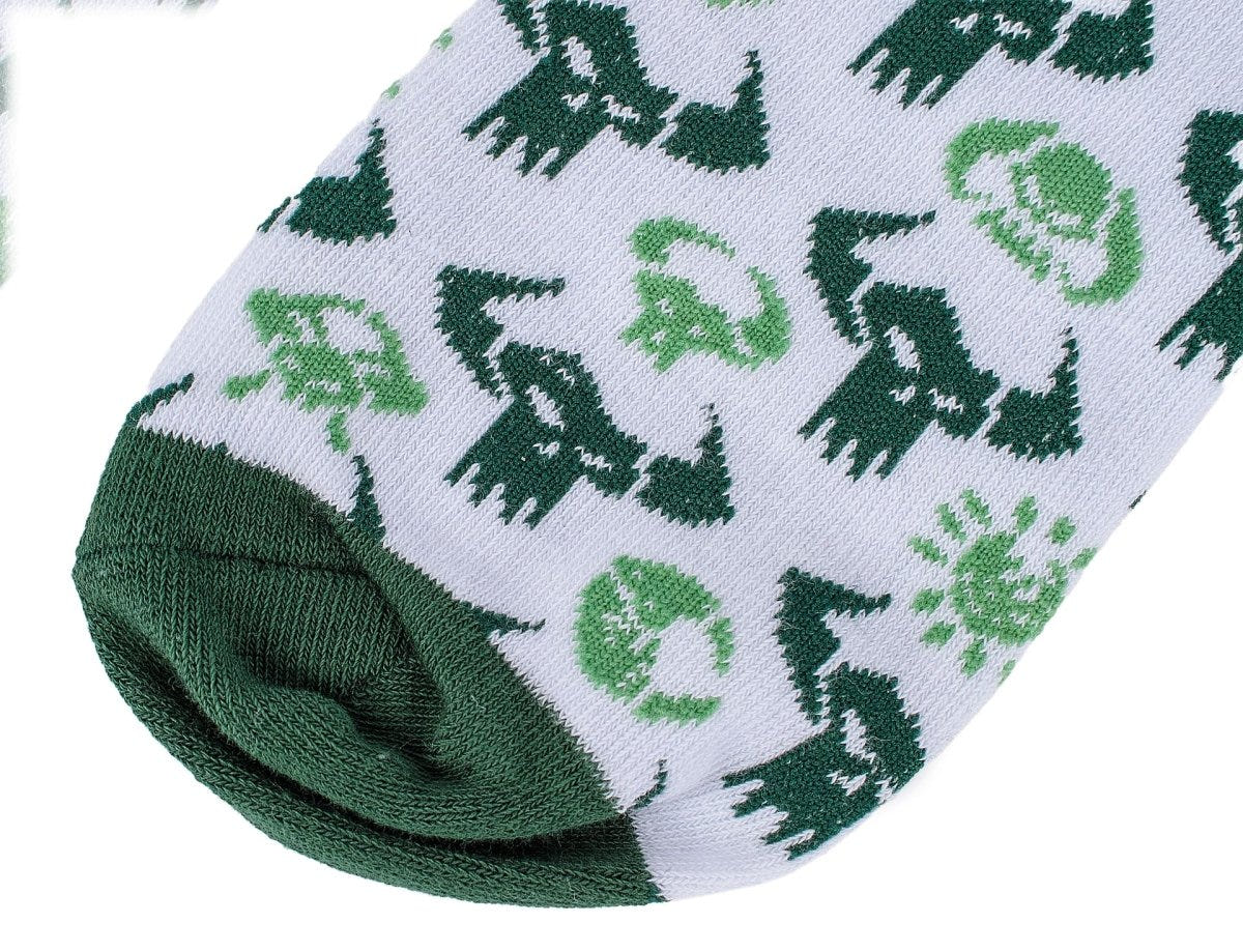 Close-up of the green Ork glyph and Ork face pattern and green toe on the Warhammer socks