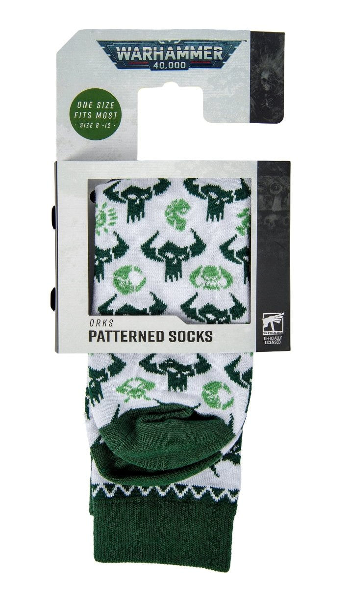 Warhammer 40,000 Orks patterned socks on their hanging card packaging, front