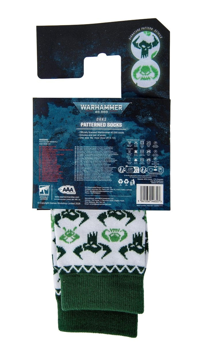 Back of the Warhammer 40,000 Orks socks hanging card packaging