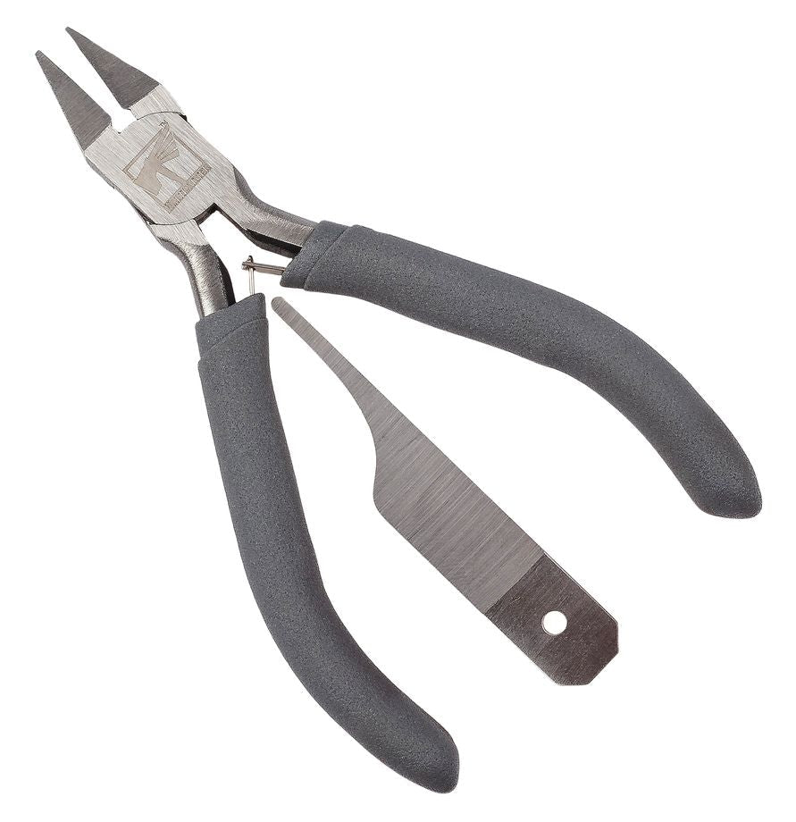 A pair of metal lock pliers with textured gray handles and a flat metal tool with a looped handle, shown on a plain white background.