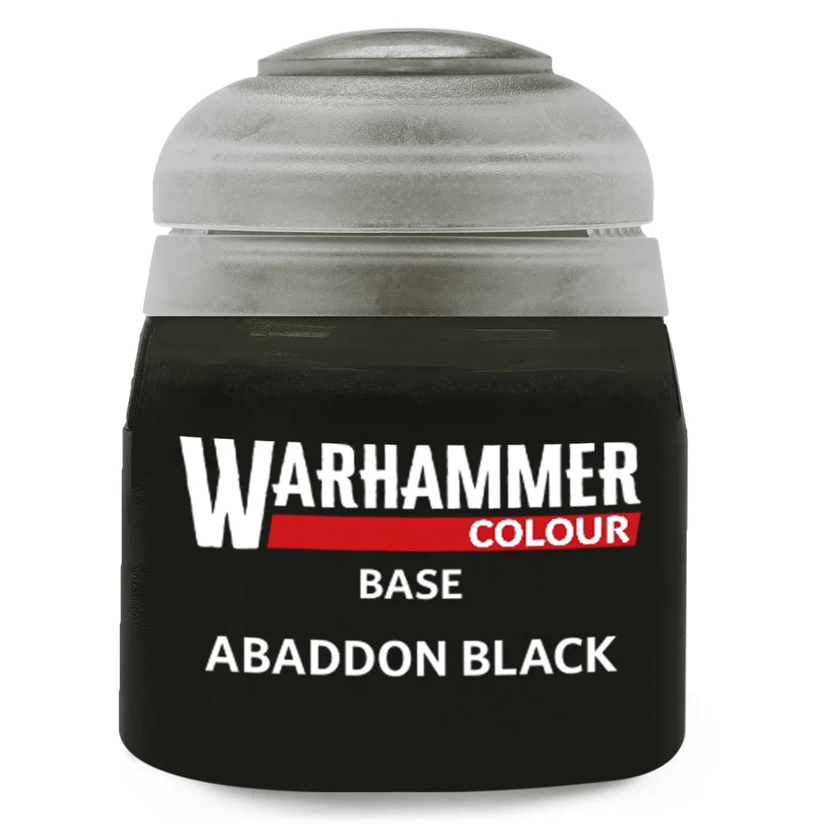 Warhammer paint can labeled 'Abaddon Black' on a white background