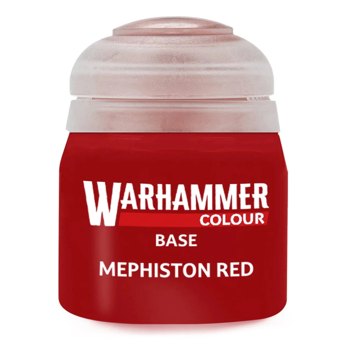 Red Warhammer Colour paint jar labeled 'Mephiston Red' on a white background