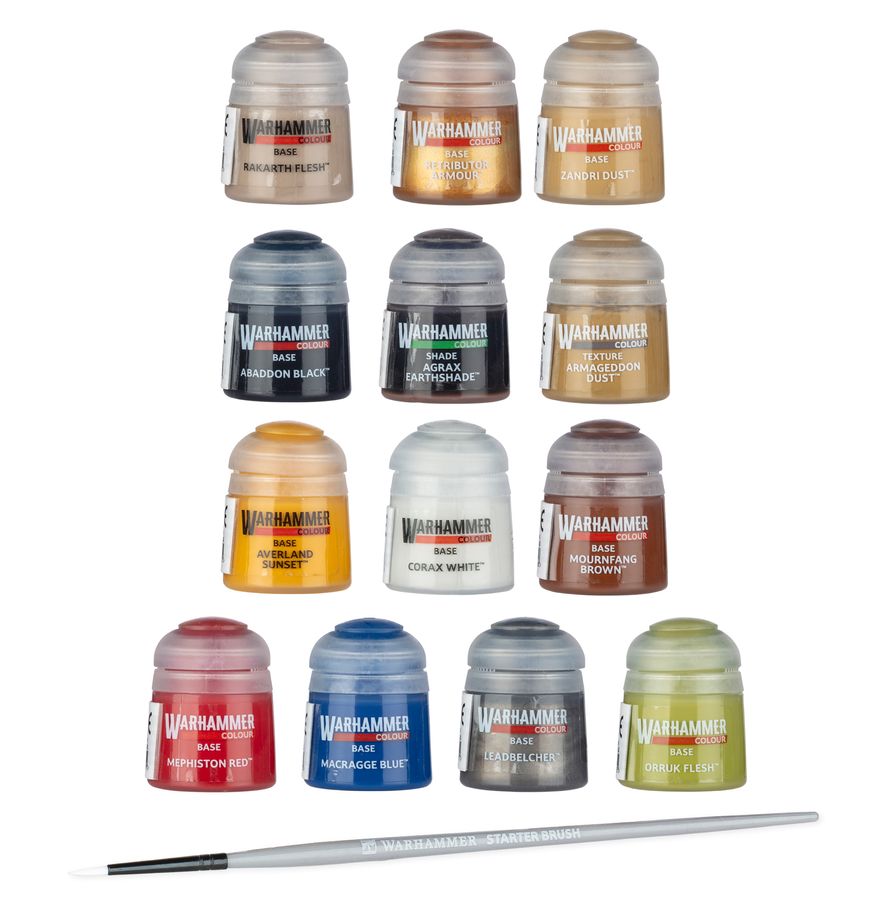 A set of 16 Warhammer 40k miniatures paint bottles in various colors, arranged in a grid with a small paintbrush at the bottom, on a white background.