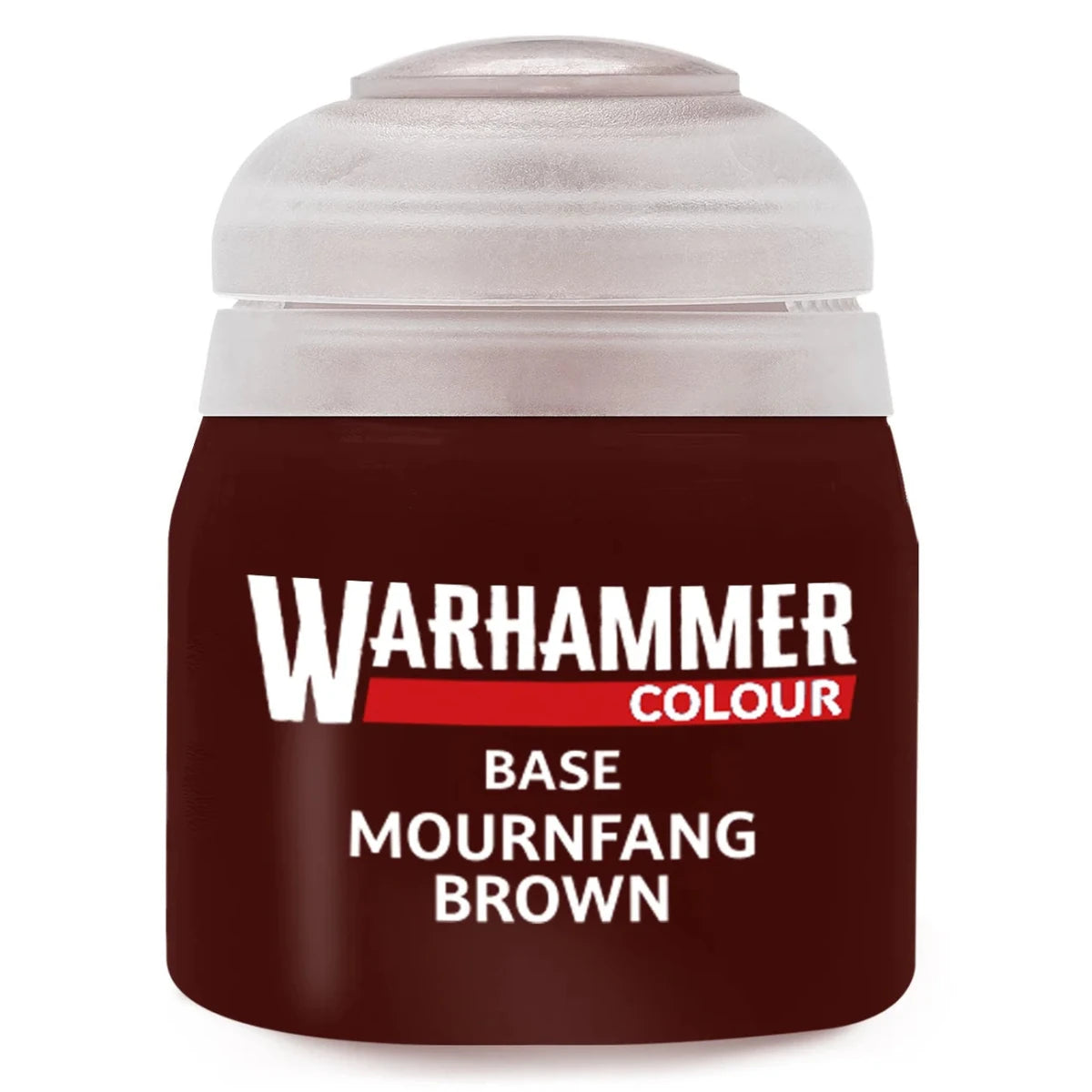 Warhammer paint can labeled 'Mournfang Brown' on a white background
