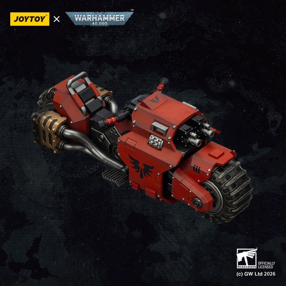 JoyToy Blood Angels Raider-pattern Combat Bike 22 cm, elevated three-quarter view on a black textured backdrop