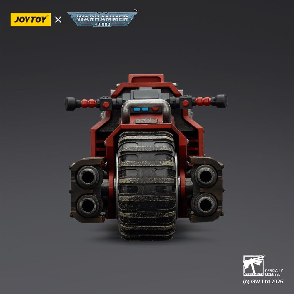 JoyToy Blood Angels Raider-pattern Combat Bike 22 cm, rear view showing exhausts, dark background