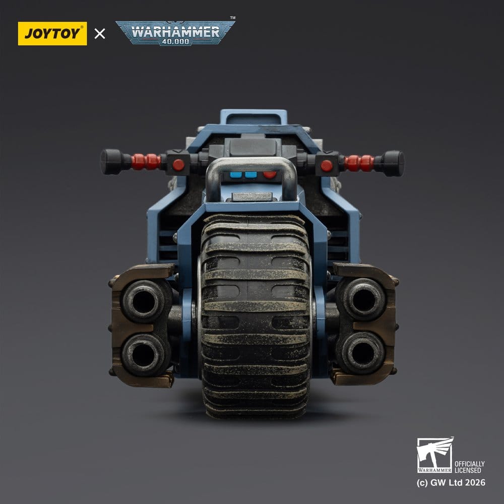 JoyToy Space Wolves Raider-pattern Combat Bike 22 cm, rear view showing exhausts, dark background