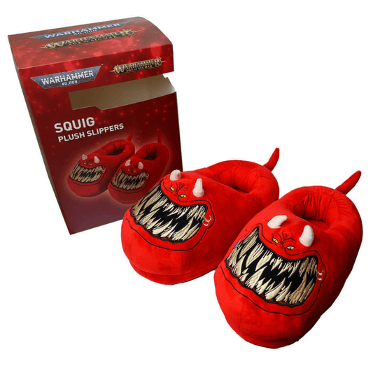 Warhammer Red Squig plush slippers with embroidered face, 3D horns and a tail