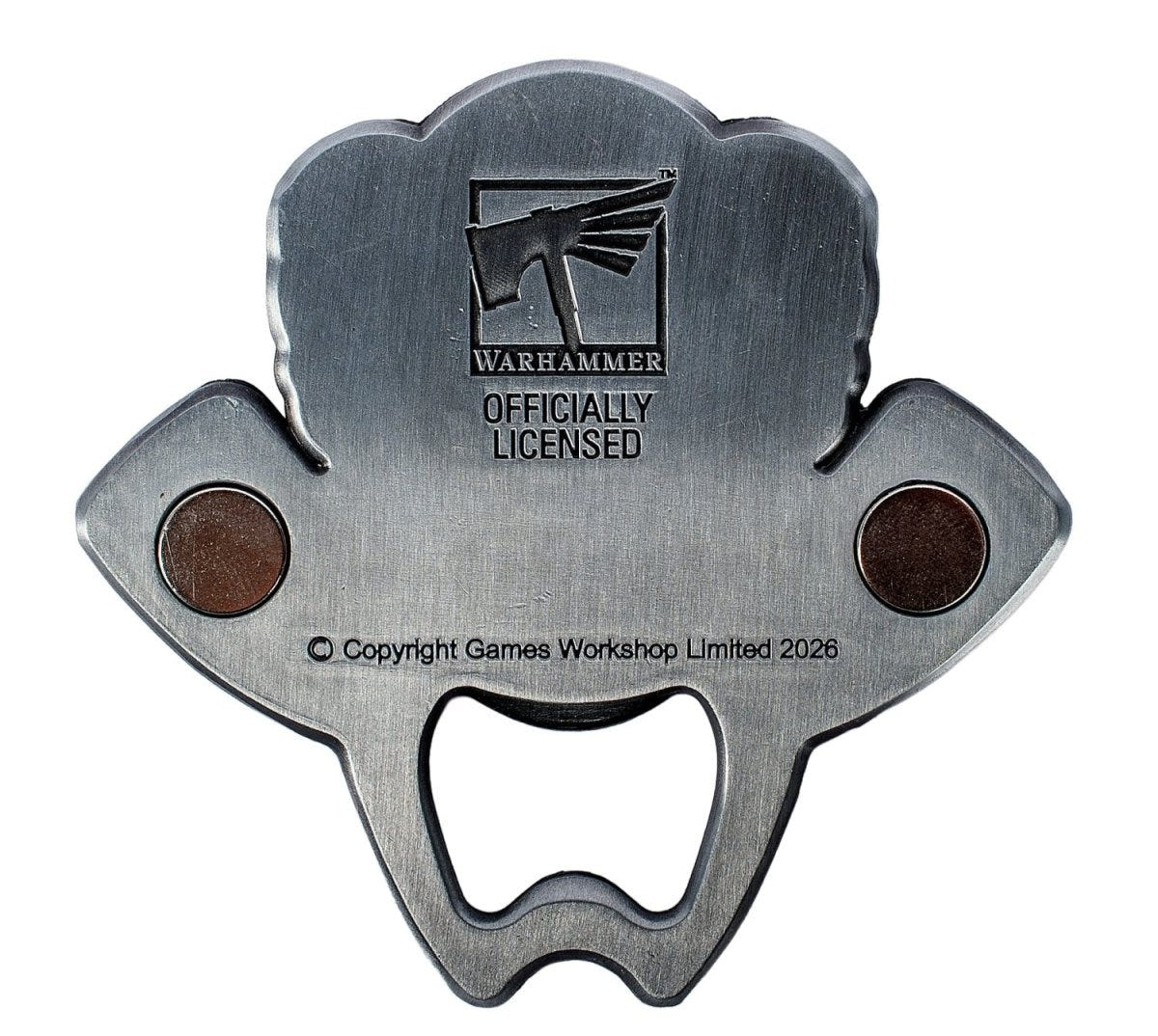 Back of the Servo Skull bottle opener showing two magnets and the official licence mark