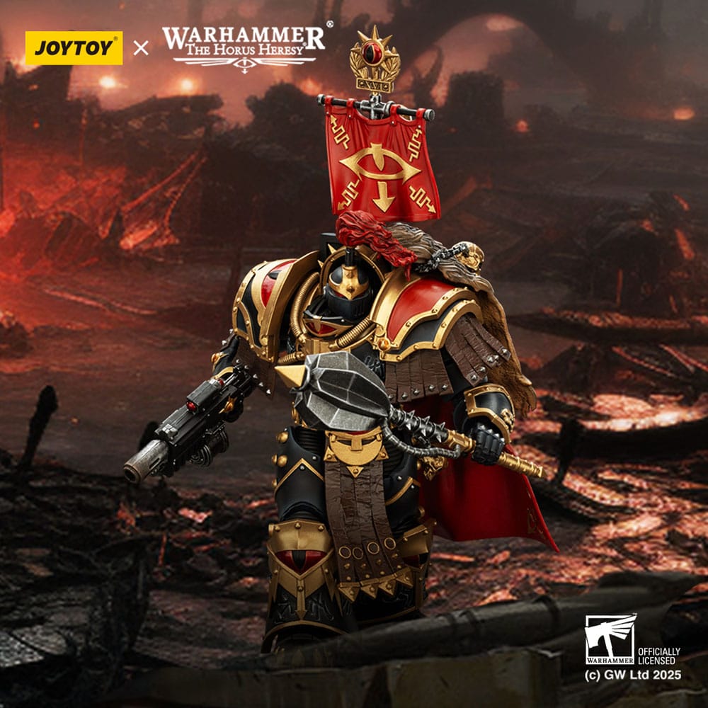 JoyToy Sons of Horus Cataphractii Praetor 14 cm figure, power maul and combi-melta against a burning battlefield backdrop