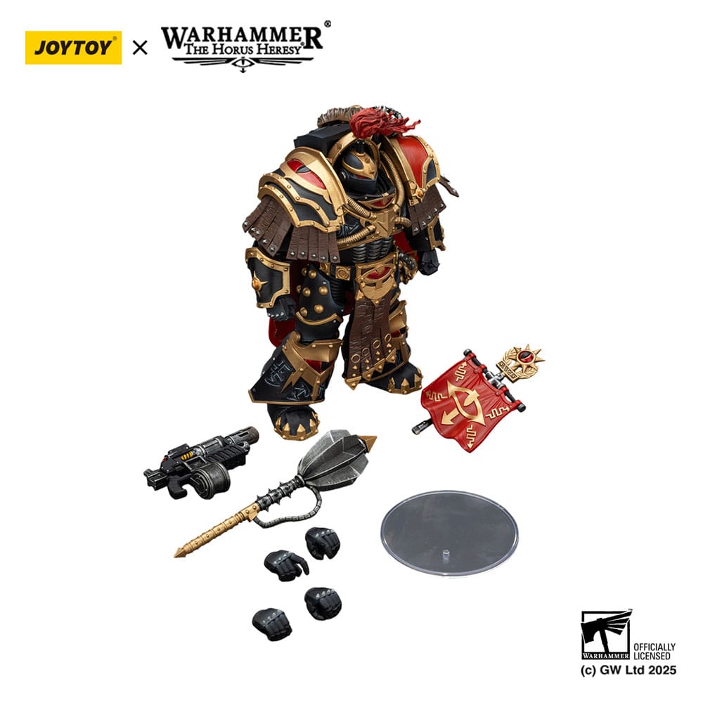 JoyToy Sons of Horus Cataphractii Praetor 14 cm figure, weapons, banner, spare hands and stand laid out on white background