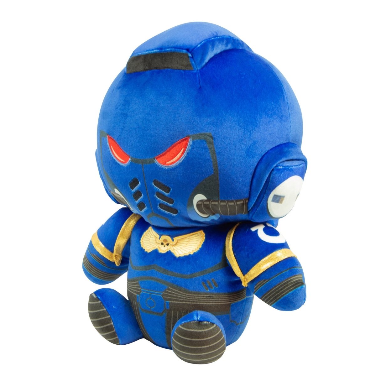 TOMY Warhammer 40,000 Space Marine 14-inch plush in blue armour, front three-quarter view
