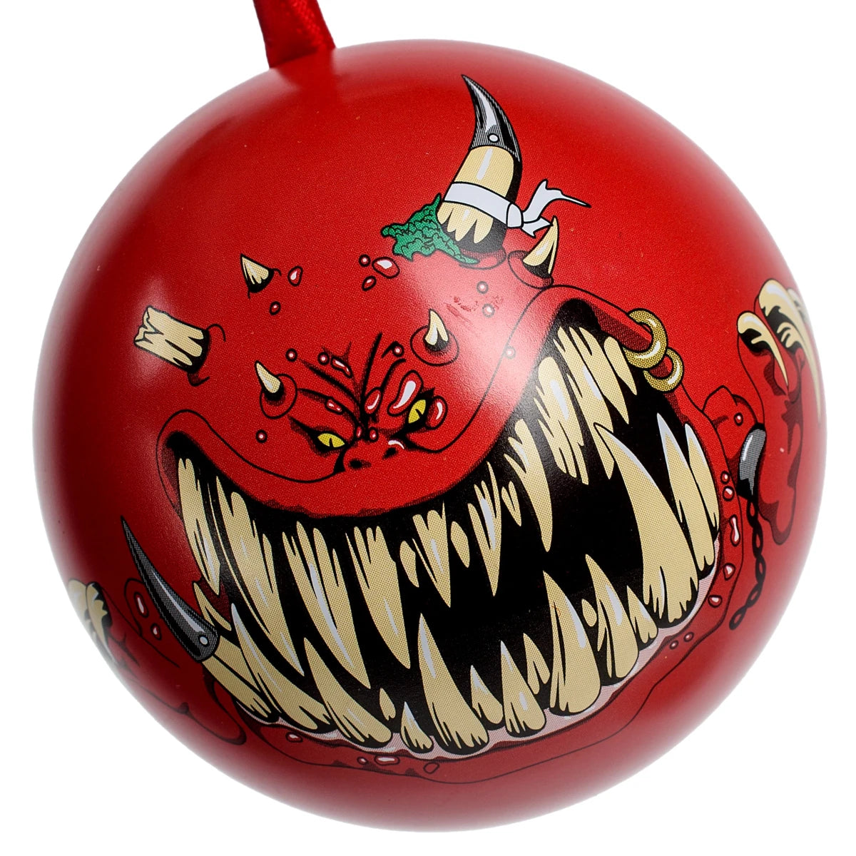 Warhammer 40,000 red Squig Christmas tree bauble with toothy grinning mouth