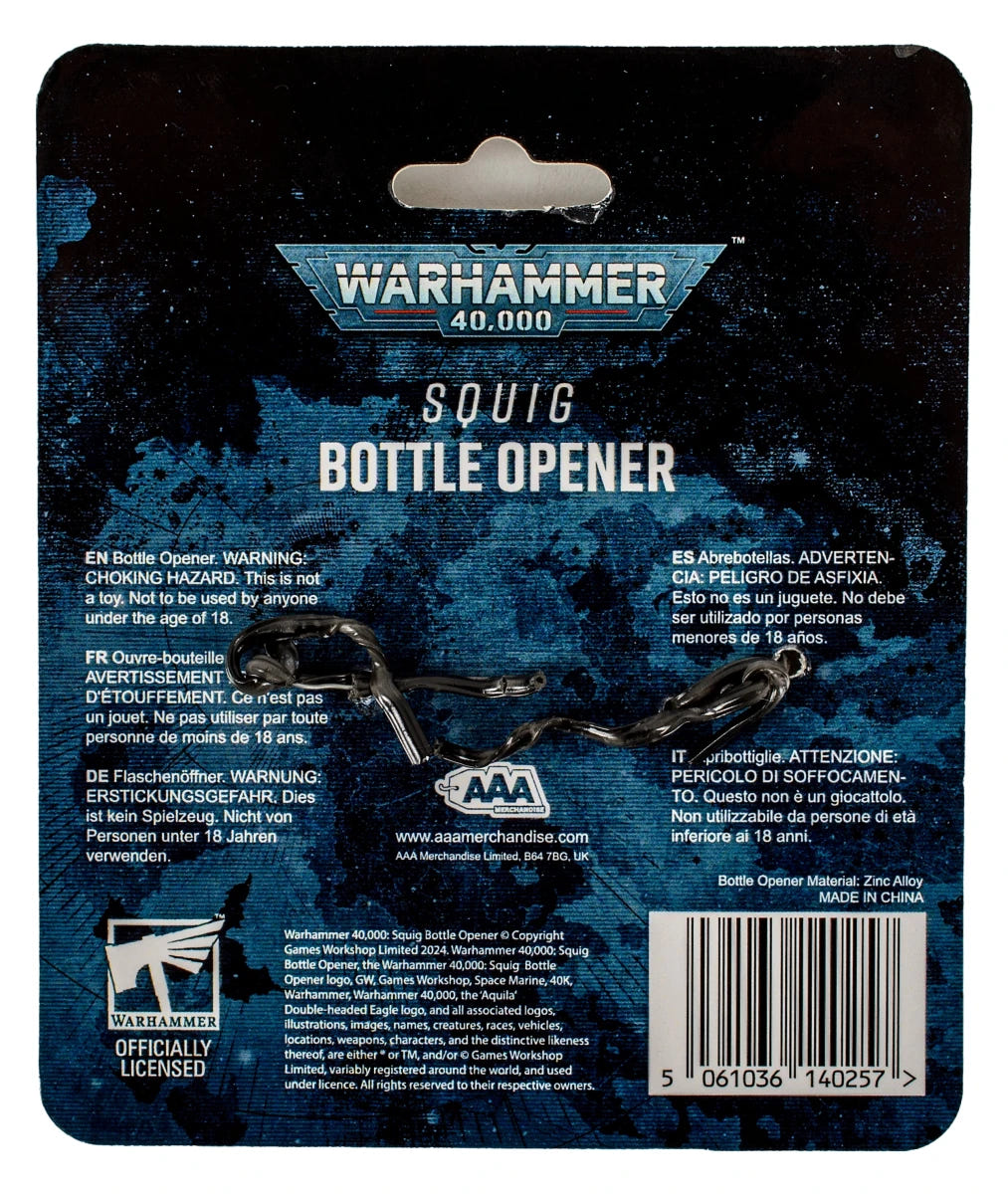 Back of the Warhammer 40,000 Squig bottle opener packaging with warnings and barcode