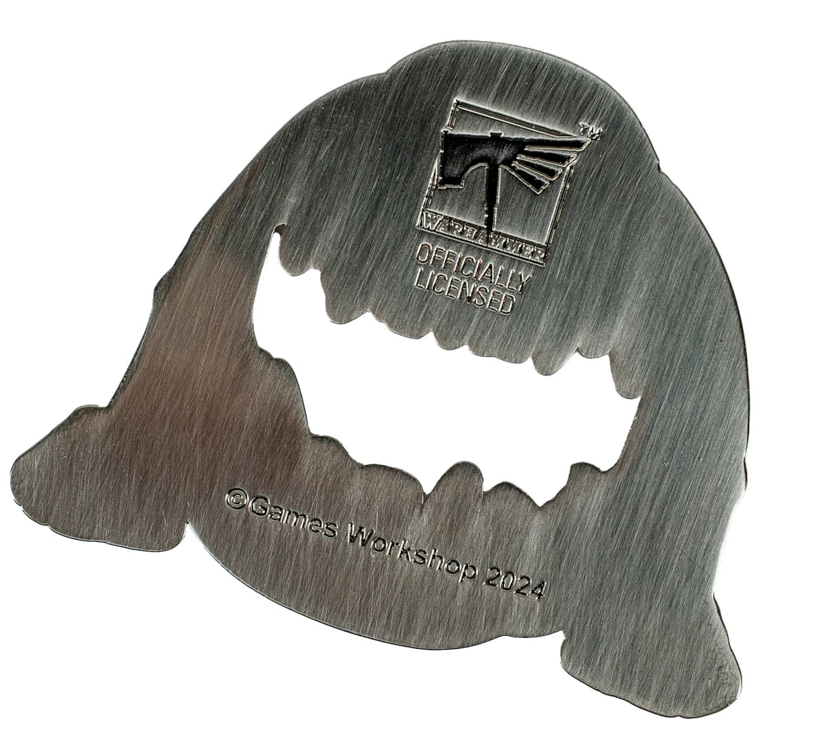 Brushed metal reverse side of the Warhammer 40,000 Squig bottle opener