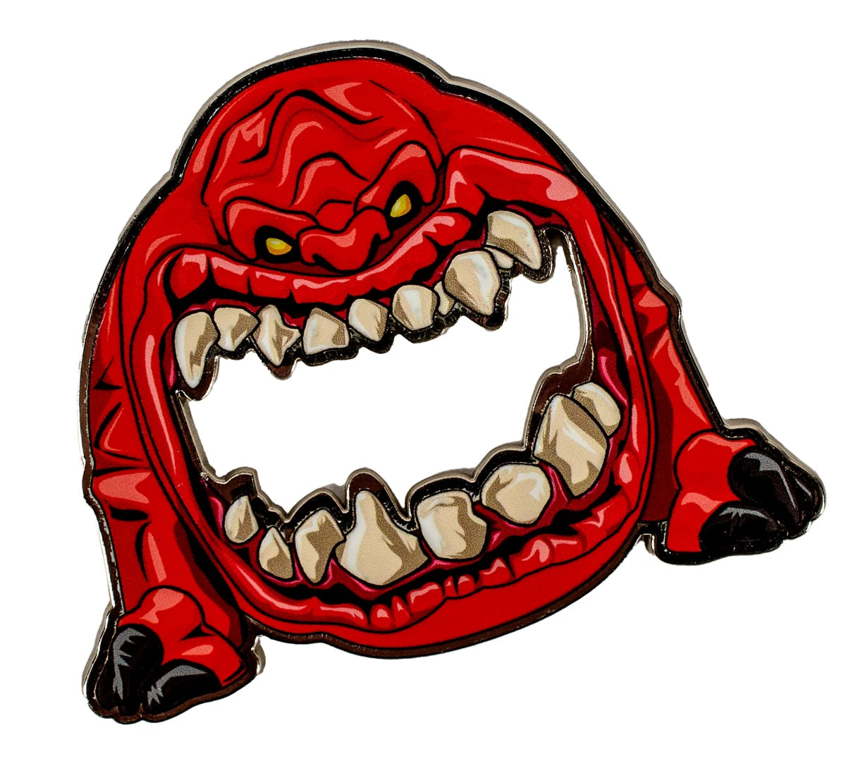 Warhammer 40,000 Squig bottle opener front view, red squig with a wide toothy mouth