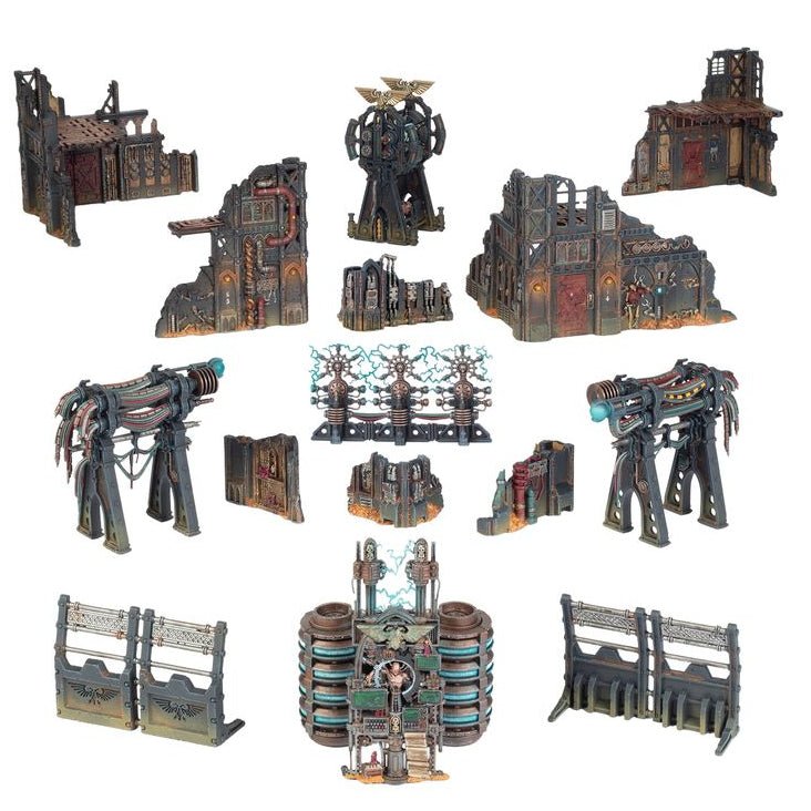 A set of miniature sci-fi terrain pieces and structures, including ruined buildings, walls, towers, and machinery, arranged on a plain white background.