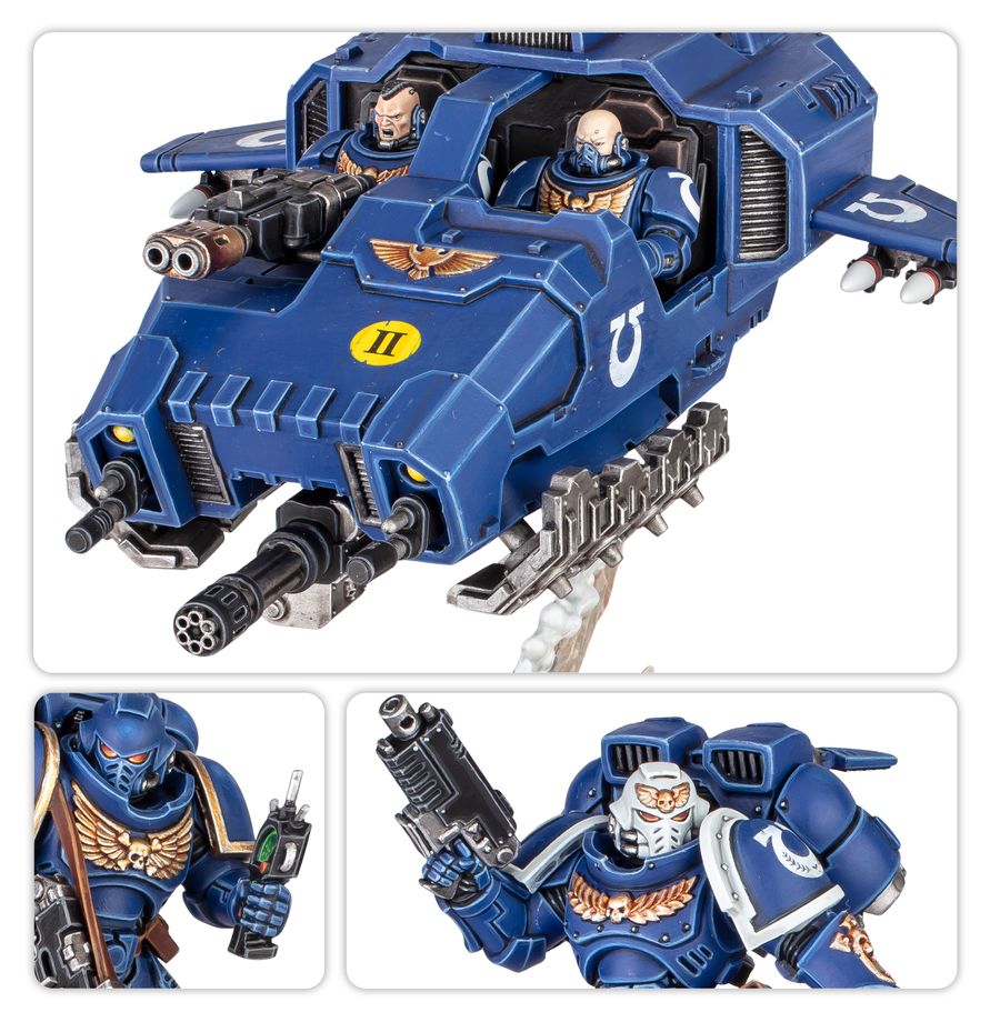 A blue sci-fi vehicle model with two small soldier figures inside, shown on a white background with two smaller detail panels below. The vehicle has gold winged insignia, white markings, and mounted guns.