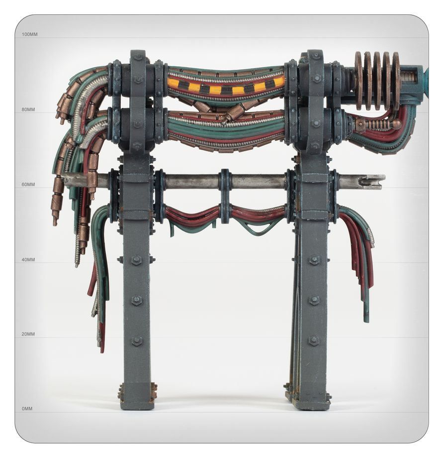 A highly detailed miniature model of a sci-fi mechanical structure, resembling a futuristic reactor or machine assembly, shown on a light gray background with a white rounded border.