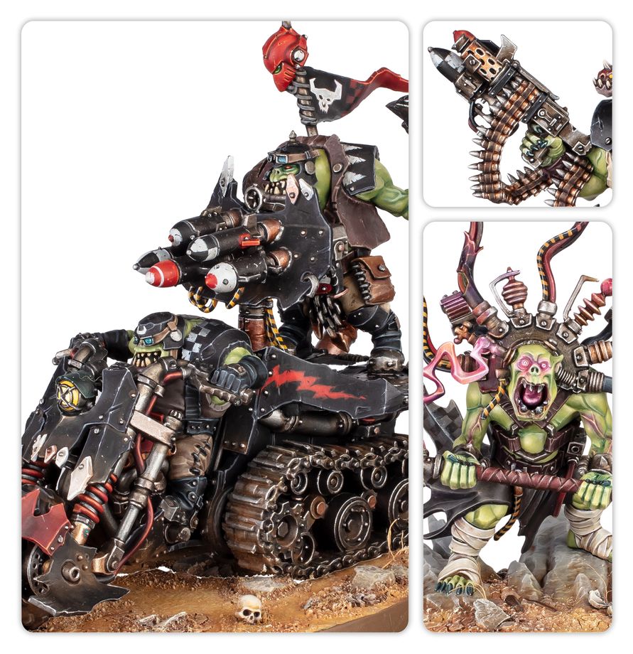 A highly detailed miniature model set featuring a green-skinned zombie-like warrior mounted on a heavily weaponized black and red tank, with two smaller detail panels on the right showing close-ups of the weapon and the character's face.