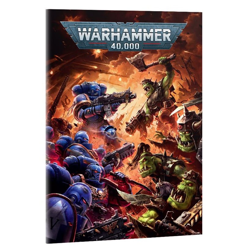 Warhammer 40,000 box set or book cover shown upright on a plain white background, featuring illustrated blue Space Marines and green Orks in battle.