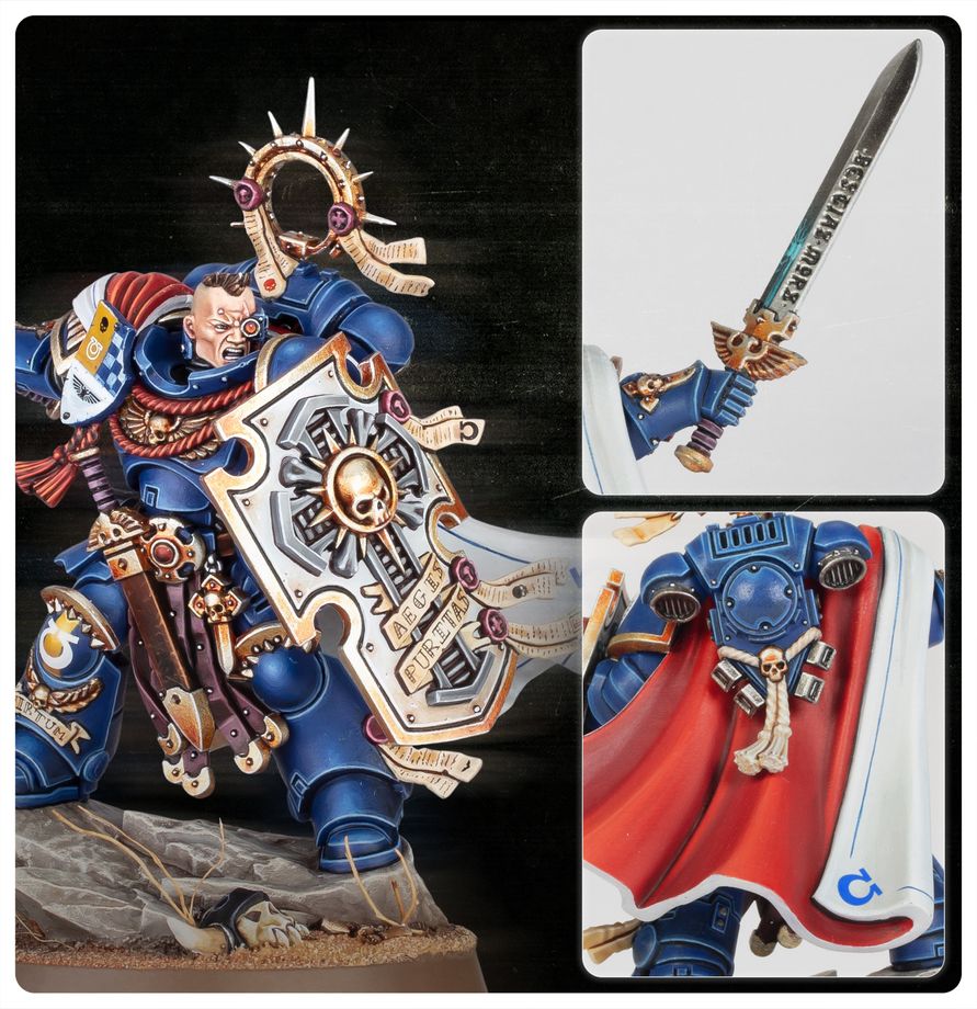 A composite product image showing a highly detailed painted miniature figurine of a Space Marine warrior, with three inset detail views on the right: a close-up of the sword, the shield, and the red cape. The main figure is painted in dark blue armor with gold, silver, and red accents against a dark background.