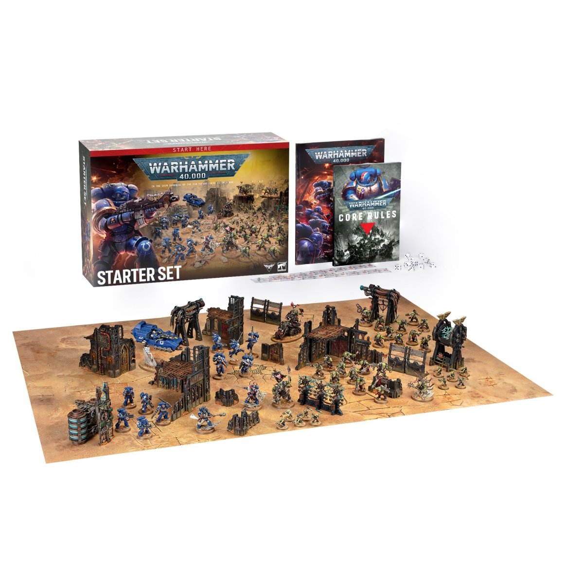 Warhammer 40k Starter Set tabletop gaming kit on a white background, showing the main box, rulebook, terrain pieces, and painted miniatures arranged on a playmat.