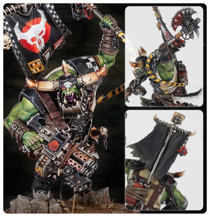 Collage of a detailed fantasy ork warrior figurine with armor and weapons.