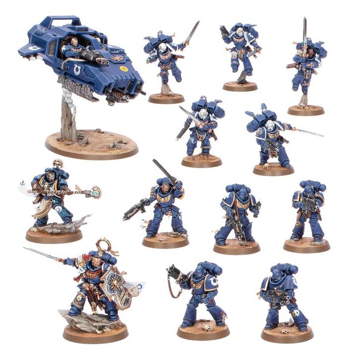 A set of painted miniature figurines and a vehicle, likely tabletop gaming miniatures, arranged on a plain white background. The figures are primarily blue with silver and white armor details, and most stand on round brown bases.