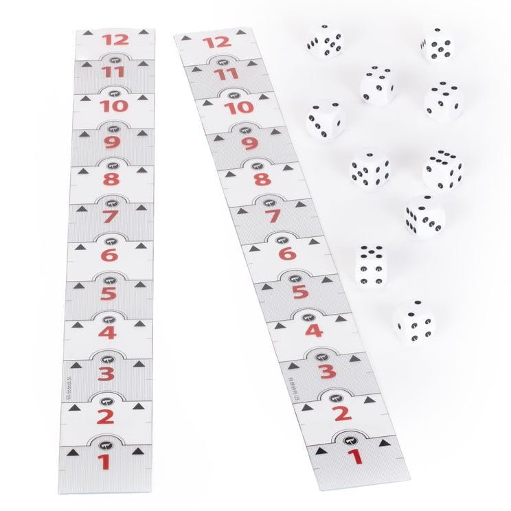 Two long white numbered strips with red numbers 1 through 12 and several white dice scattered on a white background.