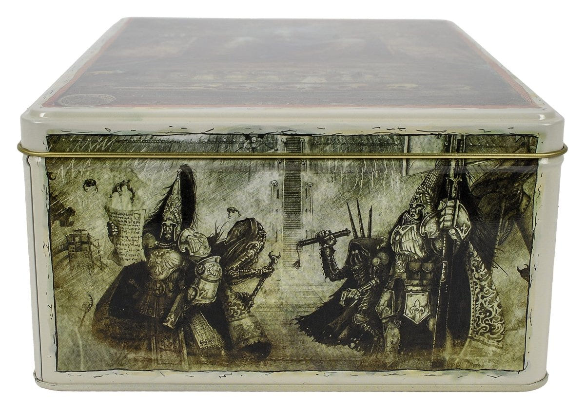 Side of the Emperor on His Throne storage tin, with artwork of Imperial figures