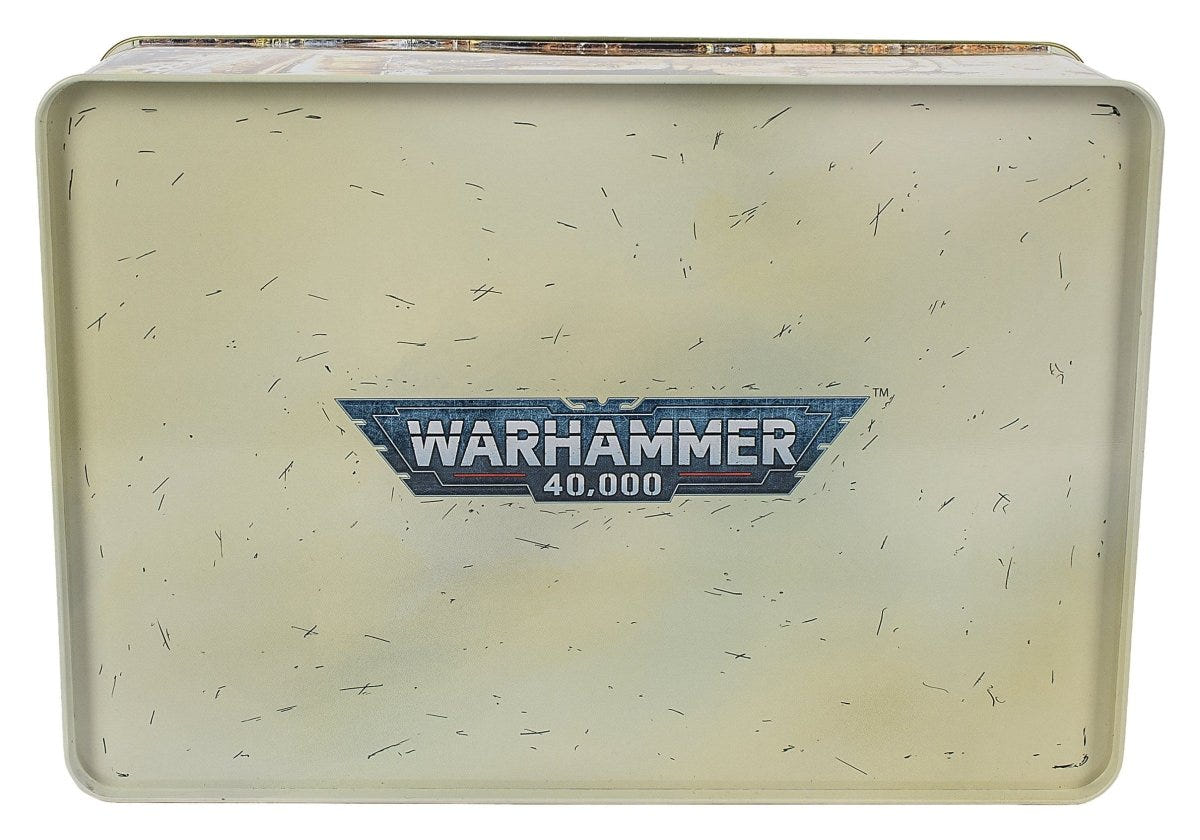 Underside of the Warhammer 40,000 storage tin: a cream finish with the Warhammer 40,000 logo