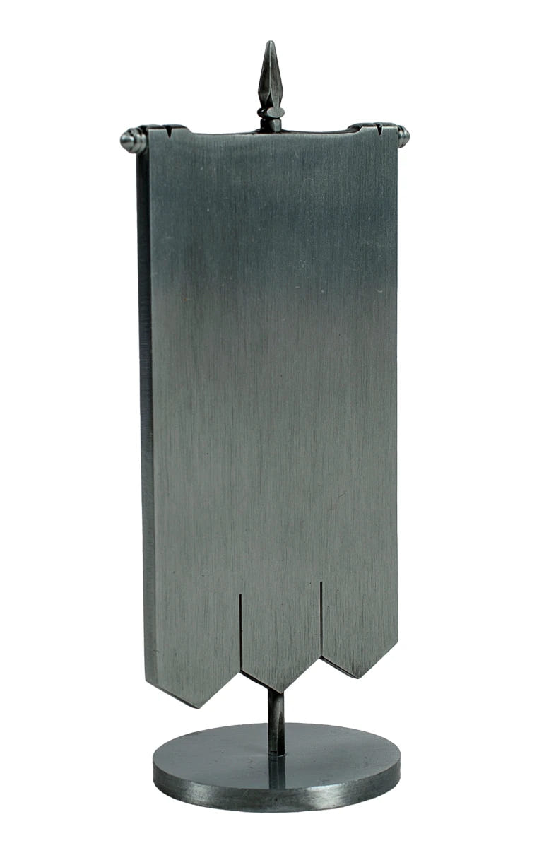 Ultramarines Chapter desk banner in brushed metal, plain reverse side on round stand