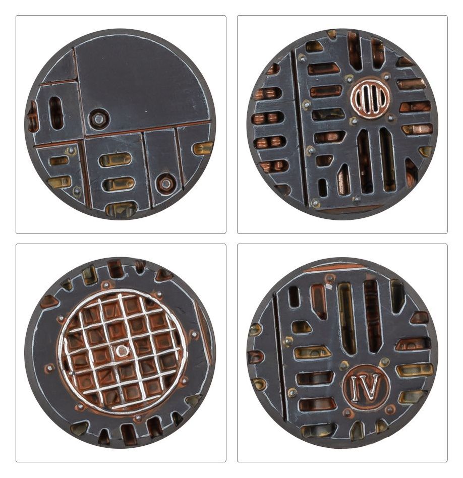 Four painted Void War Bases showing grated floors, hatches and deck plating
