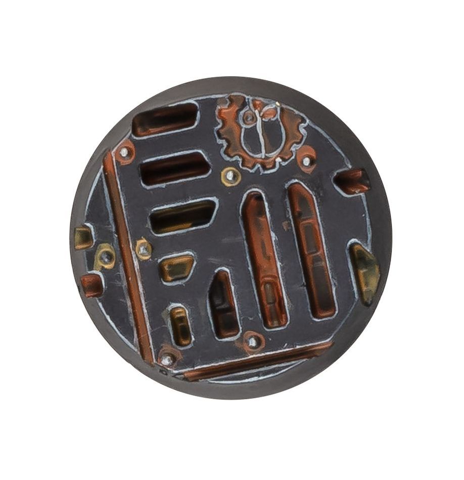 Close-up of a painted Void War round base with riveted deck plating and copper details