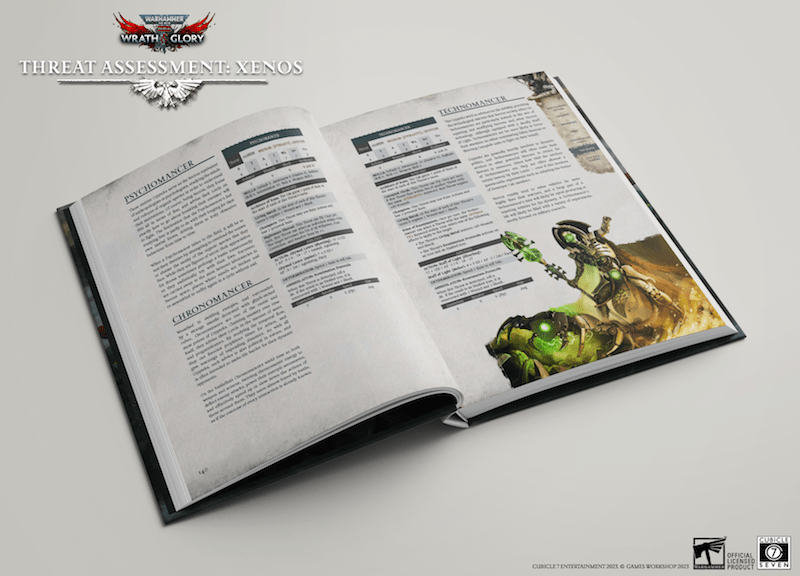 Wrath & Glory Threat Assessment: Xenos open at a spread with rules text and Kroot artwork