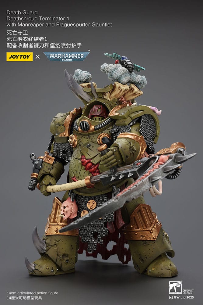 JoyToy Death Guard Deathshroud Terminator 1 14 cm action figure, manreaper swung low, angled view