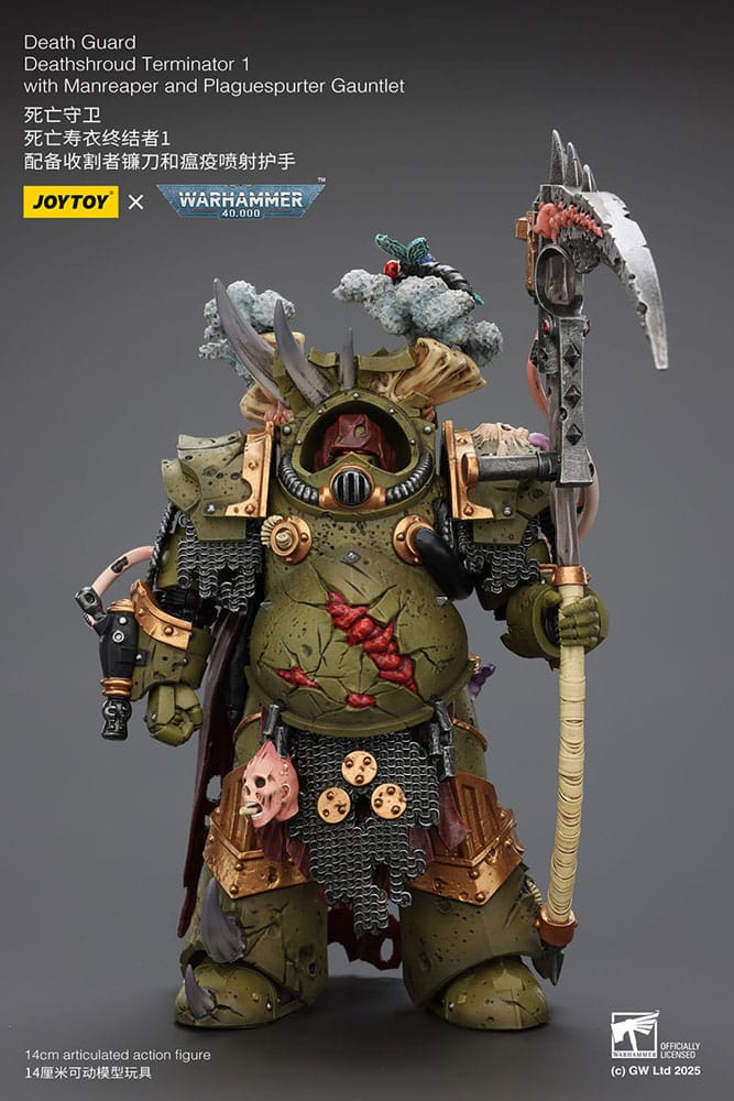 JoyToy Death Guard Deathshroud Terminator 1 14 cm action figure, front view holding manreaper upright