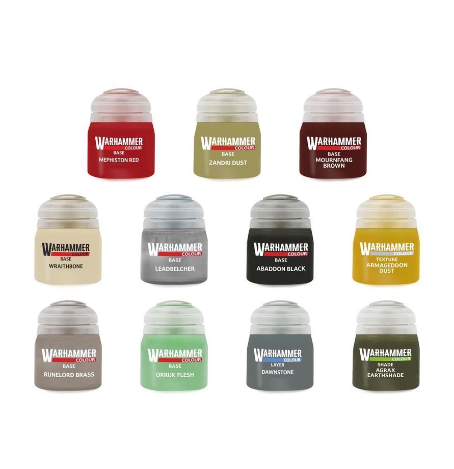 A 12-pack of Warhammer 40k Miniatures Enamel Paint bottles arranged in a grid on a white background, featuring various colors like red, green, brown, gray, black, yellow, and olive green.