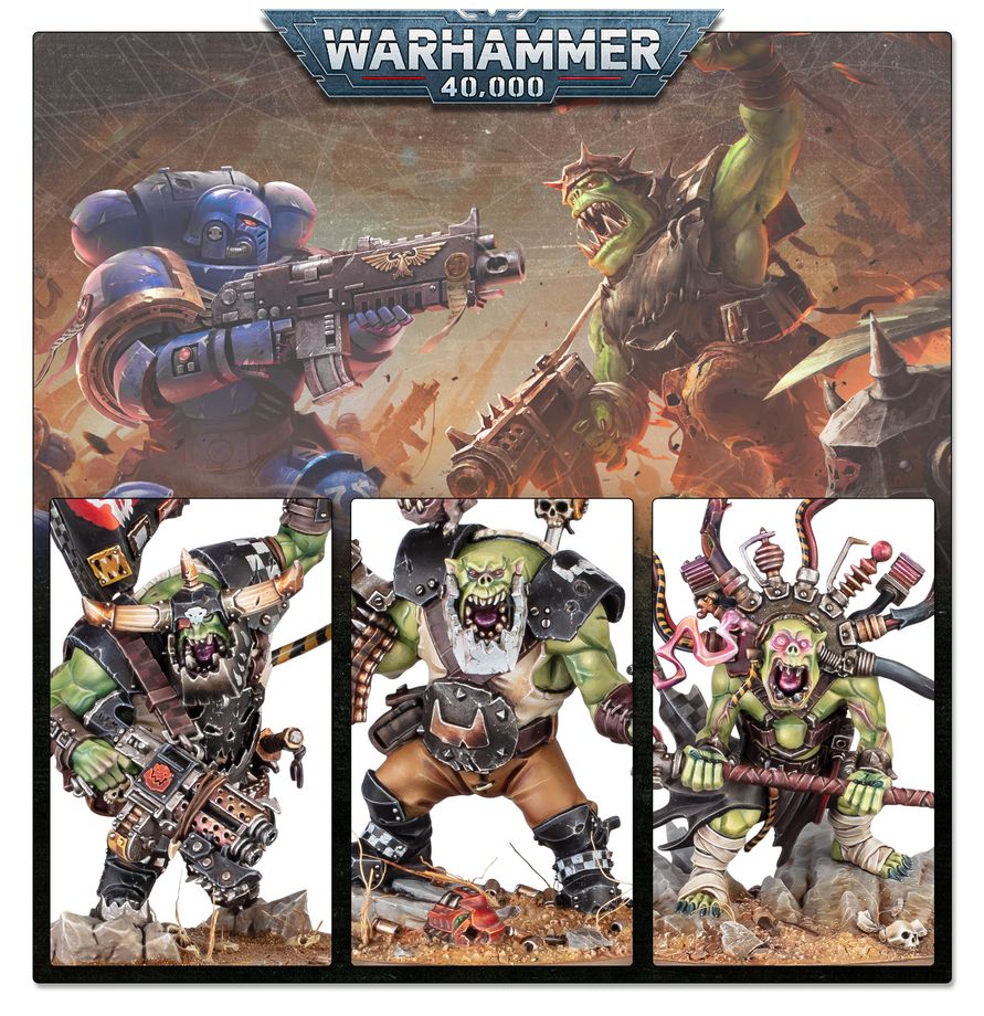 Warhammer 40,000 miniatures set packaging featuring a large battle scene illustration at the top and three smaller product views at the bottom showing painted orco miniatures.