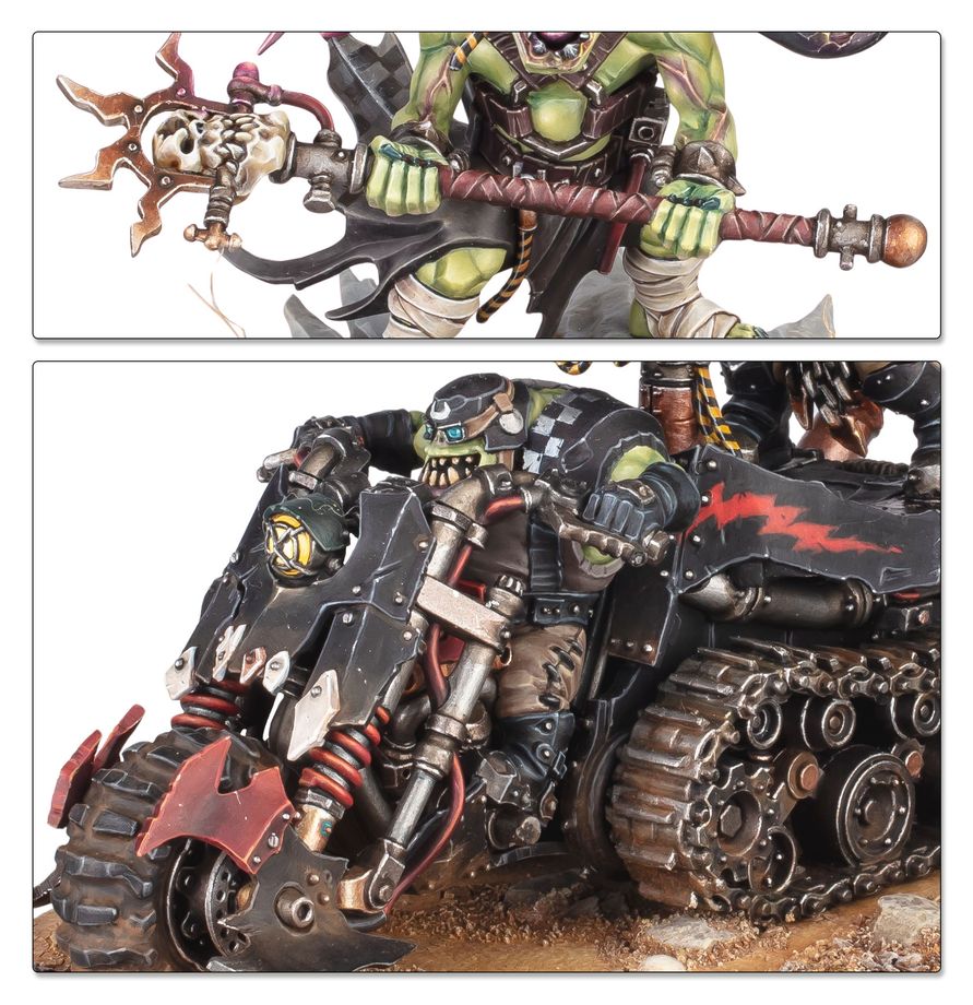 A two-panel close-up of a painted fantasy miniature figure mounted on a black tracked vehicle. The top panel shows the figure from behind holding a large skull-topped weapon, while the bottom panel shows the front three-quarter view of the vehicle with detailed armor, tracks, and red markings on a white background.