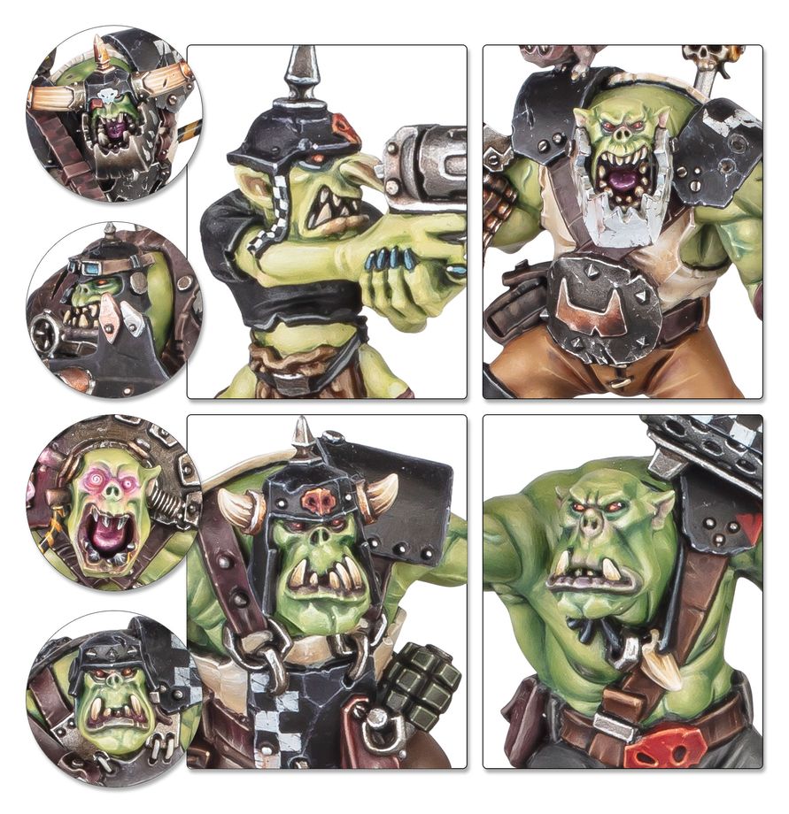 A collage of six panels showing a painted fantasy warrior miniature or figurine from multiple angles, including circular close-ups. The character has green skin, a black helmet with red accents, brown leather-like armor, and metallic silver details, set against a white background.