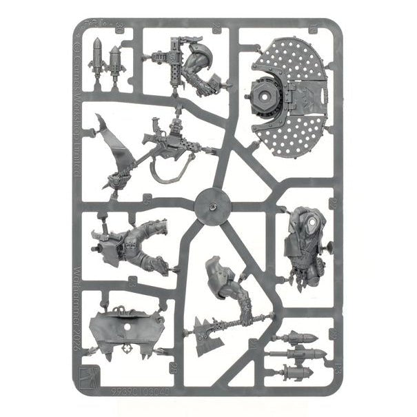 A gray plastic sprue containing multiple unpainted miniature model parts, isolated on a solid white background.
