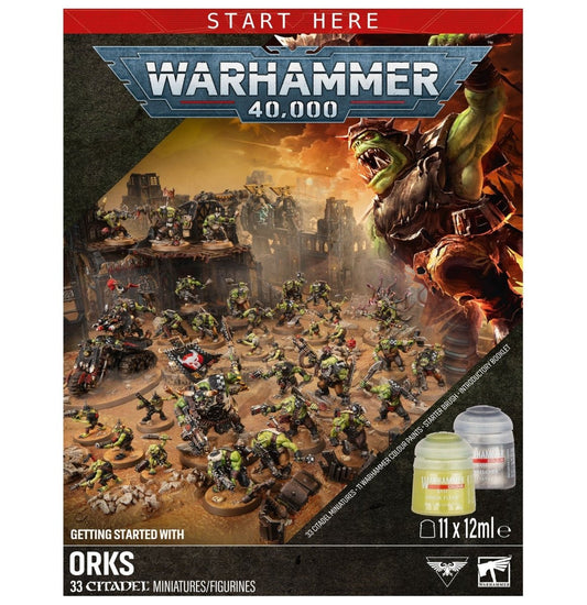 Warhammer 40,000 Orks starter box front cover showing painted miniatures in a battlefield scene, with two small paint bottles pictured at the bottom right.