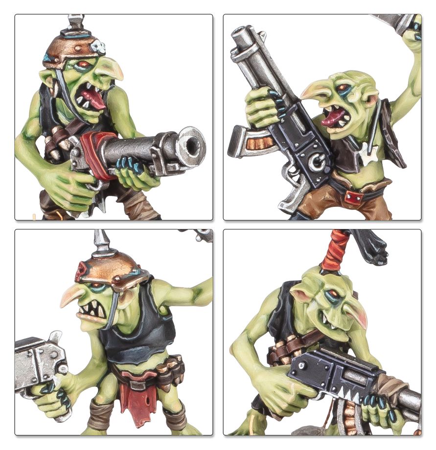 Four-panel close-up collage of a painted green-skinned goblin miniature figure shown from different angles, each holding a futuristic gun. The figure has brown skin-like patches, a metallic helmet, a black vest, and red accents, on a plain white background.