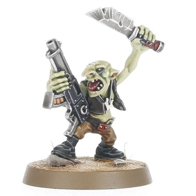Goblin-like figure holding a gun and a knife on a white background