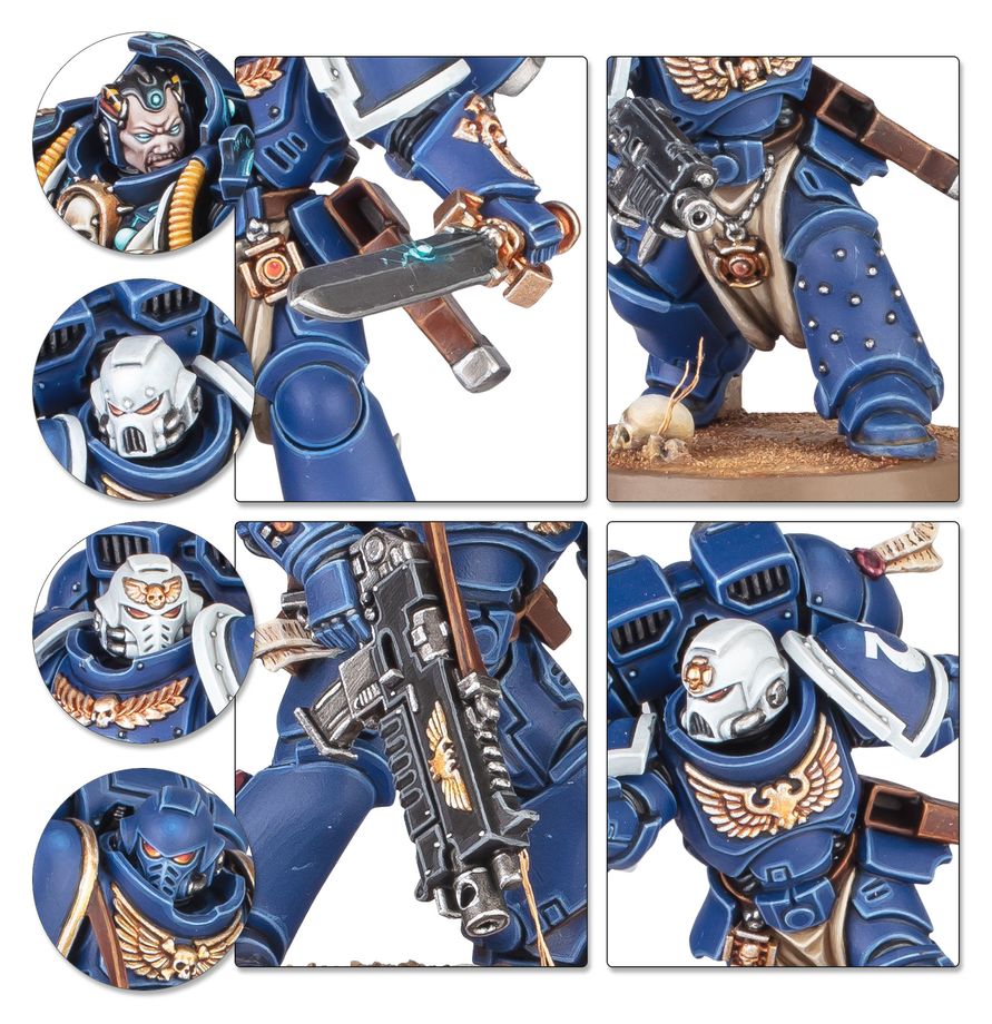 A collage of six product detail views showing a blue armored fantasy miniature figure from multiple angles, including close-ups of the helmet, torso, weapon, and leg armor on a white background.
