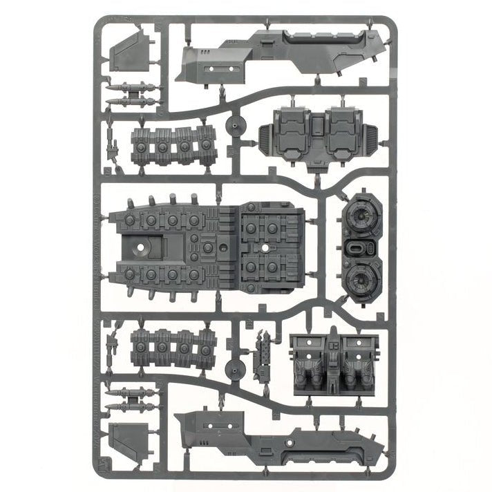 A gray plastic sprue containing multiple unpainted miniature model parts, isolated on a solid white background.